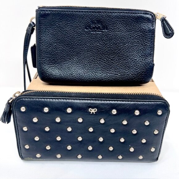 2 Vintage Wallets black leather full zip COACH  & Ana Hindmarch with Studs (70) - Picture 1 of 11